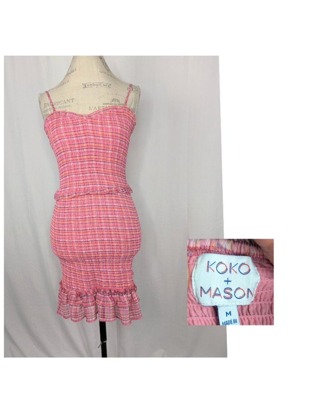 Koko Mason Pink Dress Medium Smocked Gingham Mini